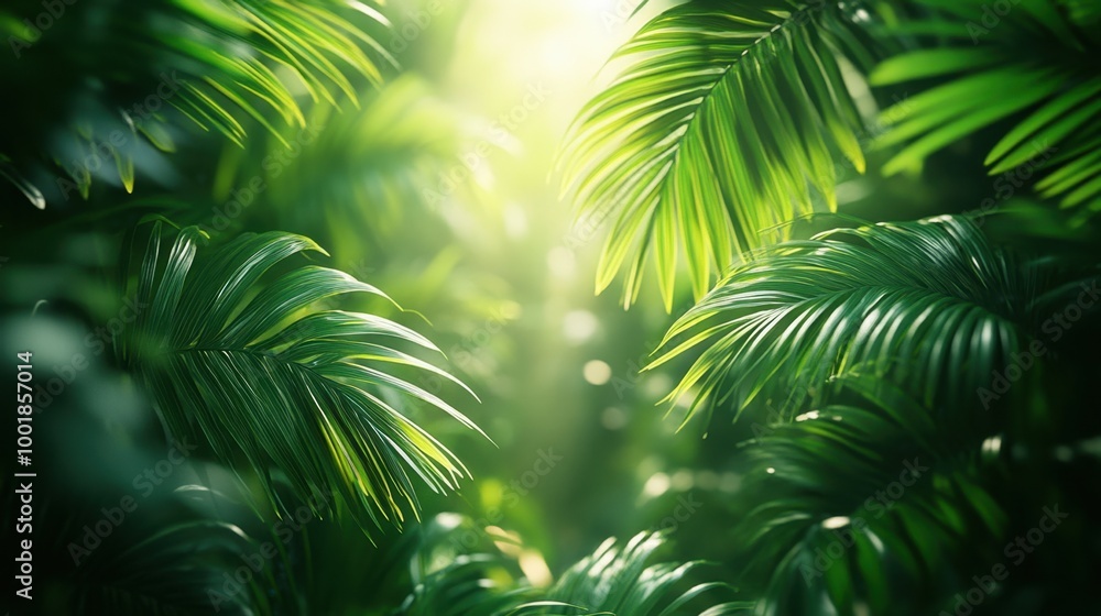 Tropical leaves pattern background with lush green palm fronds and bright lighting Tropical leaves pattern background with lush green palm fronds and bright lighting