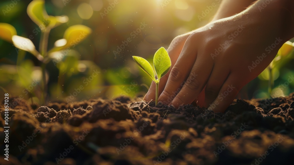 Fototapeta premium Hand Planting Seedling in Fresh Soil at Sunrise