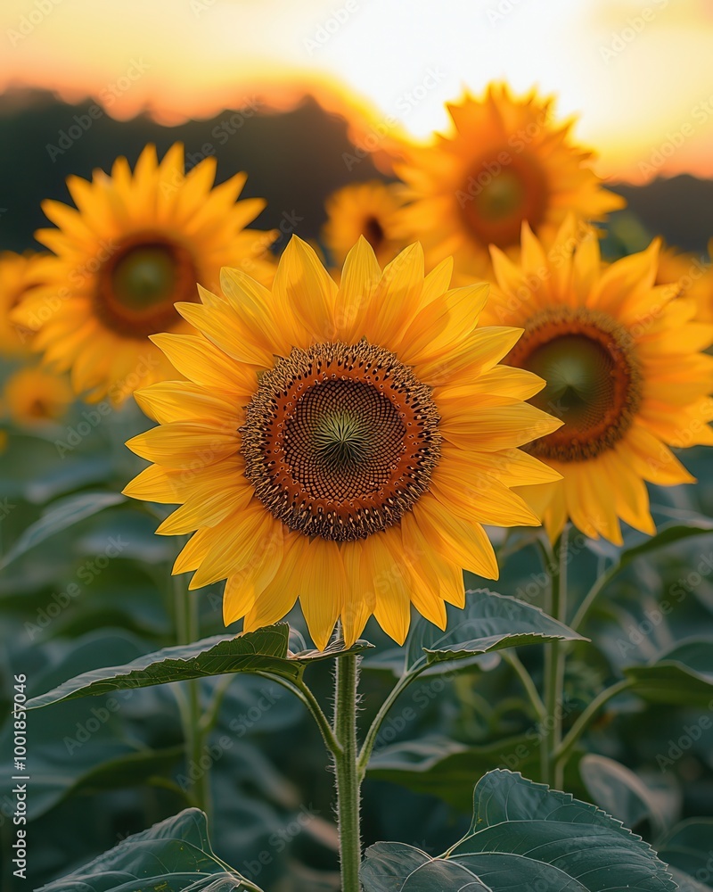 Fototapeta premium Vibrant Sunflowers Against a Sunset Sky
