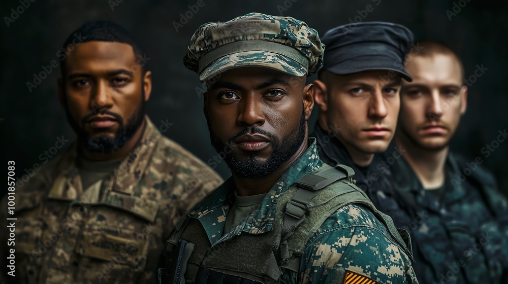 Three men in military uniforms stand together, one of them wearing a hat Three men in military uniforms stand together, one of them wearing a hat