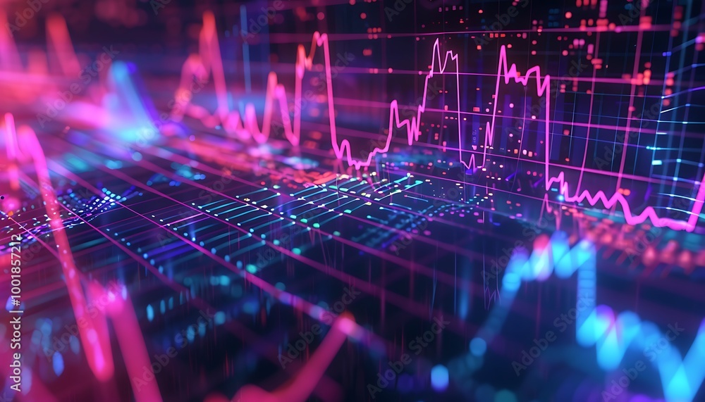 Obraz premium Financial Market Graph Animation with Vibrant Peaks and Dips in Neon Colors