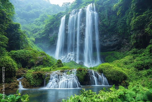 Majestic Waterfall in Lush Green Jungle Landscape