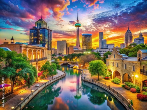 Vibrant San Antonio Cityscape Illustration Featuring Iconic Landmarks and Cultural Elements in Color