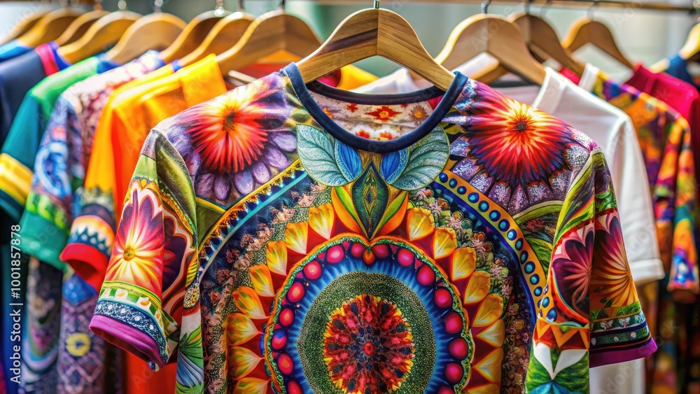 Obraz premium Vibrant Sublimation Shirt Displayed on a Hanger with Colorful Patterns and Textures for Fashion Design