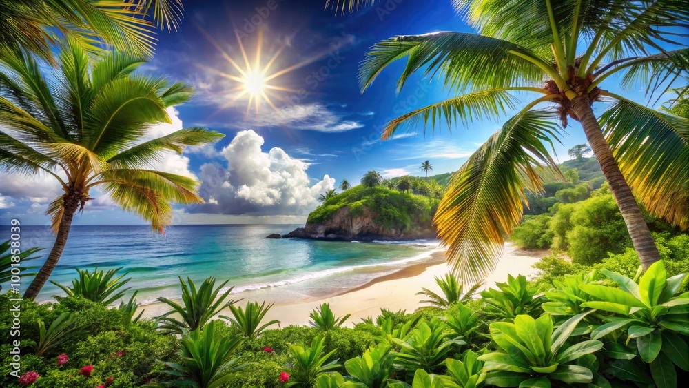 Fototapeta premium Vibrant Summer Wallpaper Backgrounds Featuring Sunlit Beaches, Tropical Plants, and Clear Skies