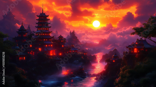 A mystical Asian village at sunset, with a fiery sky and glowing windows.