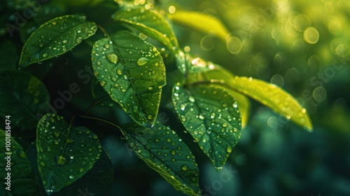 Close-Up of Dewy Green Leaves with Bokeh Effect