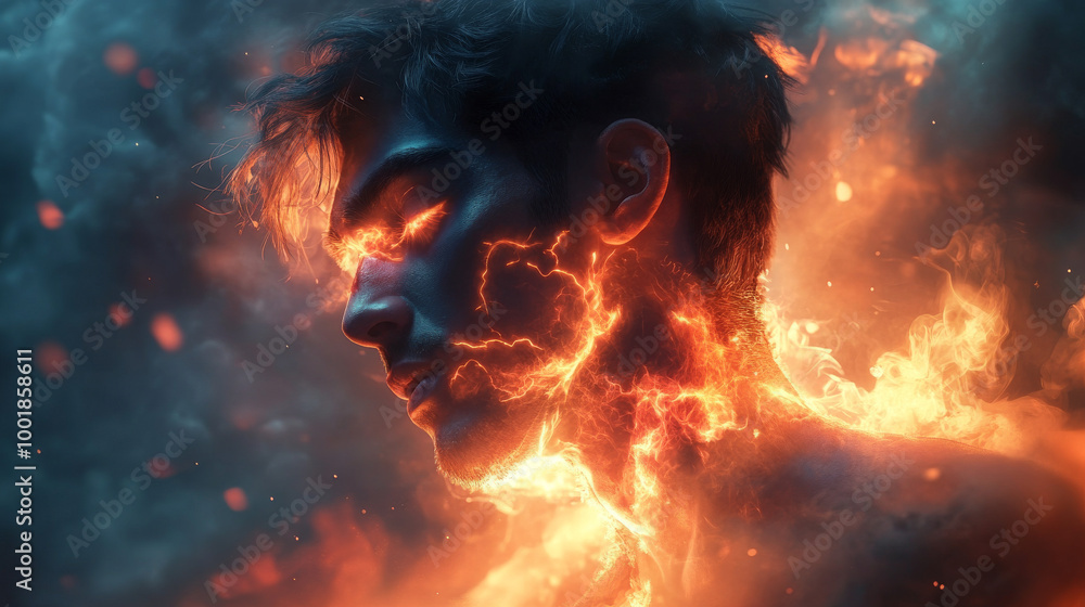 Man engulfed in flames, eyes glowing. Man engulfed in flames, eyes glowing.
