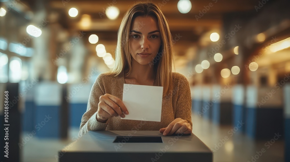 Woman Voting at Polling Place with Ballot Paper Woman Voting at Polling Place with Ballot Paper