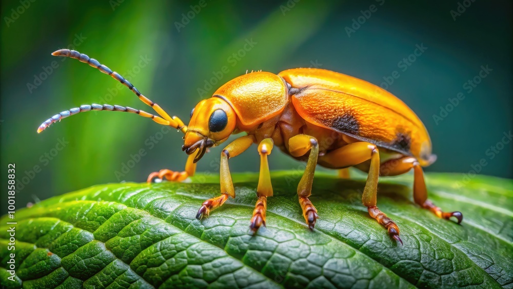 Vibrant Yellow Orange Beetle Crawling on Green Leaf in Natural Habitat Close-Up Photography Vibrant Yellow Orange Beetle Crawling on Green Leaf in Natural Habitat Close-Up Photography