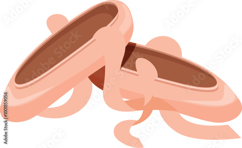 Pair of pink ballet pointe shoes for dancing lying on floor, silk ribbons untied