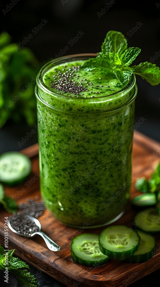 Healthy Green Detox Smoothie in Glass Jar with Cucumber and Mint Healthy Green Detox Smoothie in Glass Jar with Cucumber and Mint