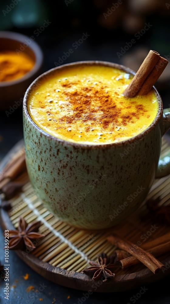 Cozy Turmeric Latte with Cinnamon and Honey on Bamboo Mat Cozy Turmeric Latte with Cinnamon and Honey on Bamboo Mat