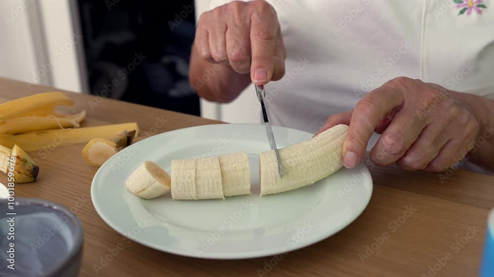 Elderly woman slicing banana at table, showcasing a simple and serene moment of daily life in a cozy home environment Elderly woman slicing banana at table, showcasing a simple and serene moment of daily life in a cozy home environment