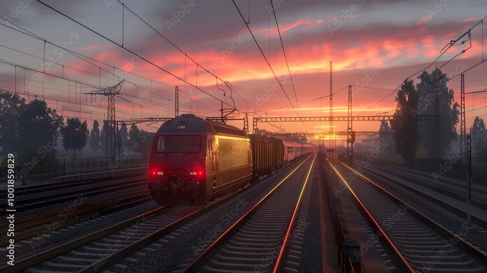 Fototapeta premium Train Journey at Sunset: A Captivating View of Railroad Tracks