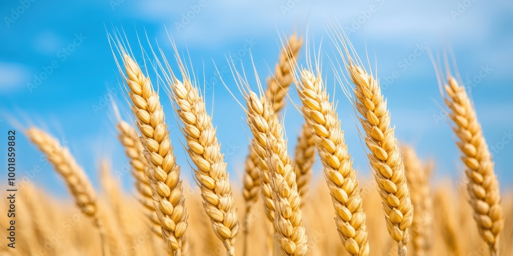 Golden Wheat Spikes Against Blue Sky Golden Wheat Spikes Against Blue Sky