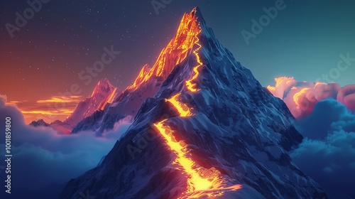 Glowing path to the top of the mountain with light trails, business success strategy