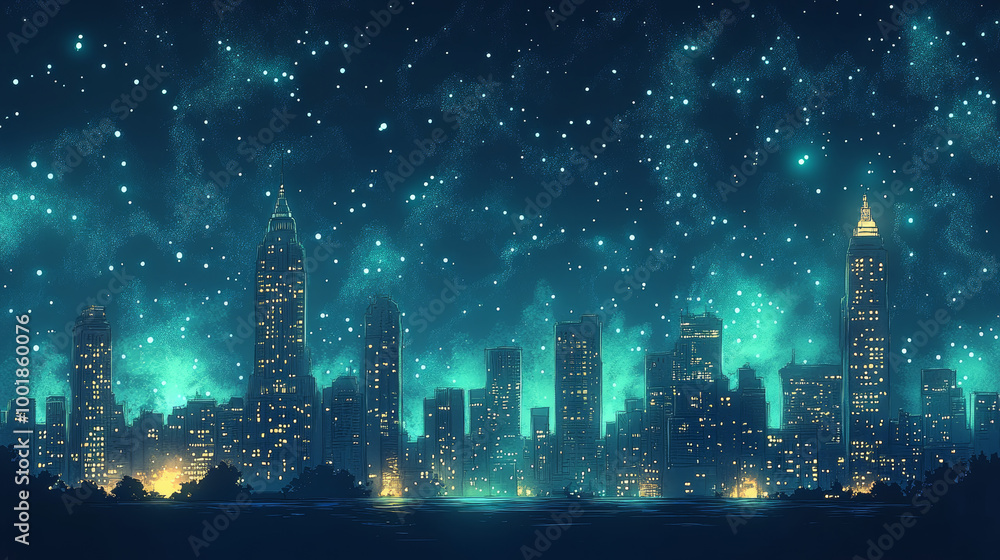 Night cityscape with twinkling lights and a starry sky. Night cityscape with twinkling lights and a starry sky.