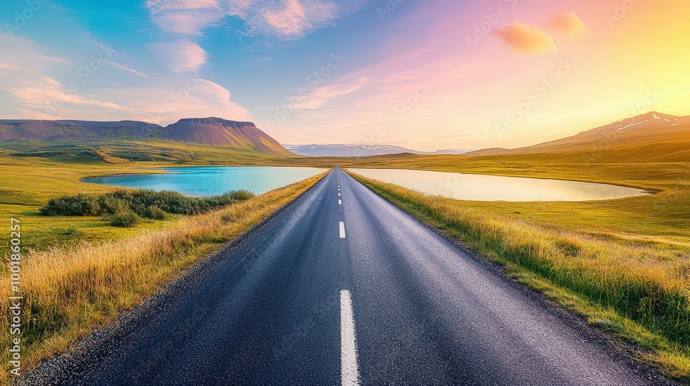Serene Icelandic Landscape: Diminishing Asphalt Roadway to Tranquil Lake Amid Vibrant Greenery and Pastel-colored Sky Serene Icelandic Landscape: Diminishing Asphalt Roadway to Tranquil Lake Amid Vibrant Greenery and Pastel-colored Sky