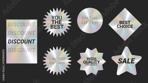Holographic stickers logos emblem labels Iridescent colors set. For packaging product of promotional material. Sticker for clothes or accessories. Vector illustration.