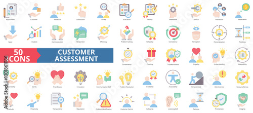 Customer assessment icon collection set. Containing service, feedback, satisfaction, survey, evaluation, quality, experience icon. Simple flat color illustration.