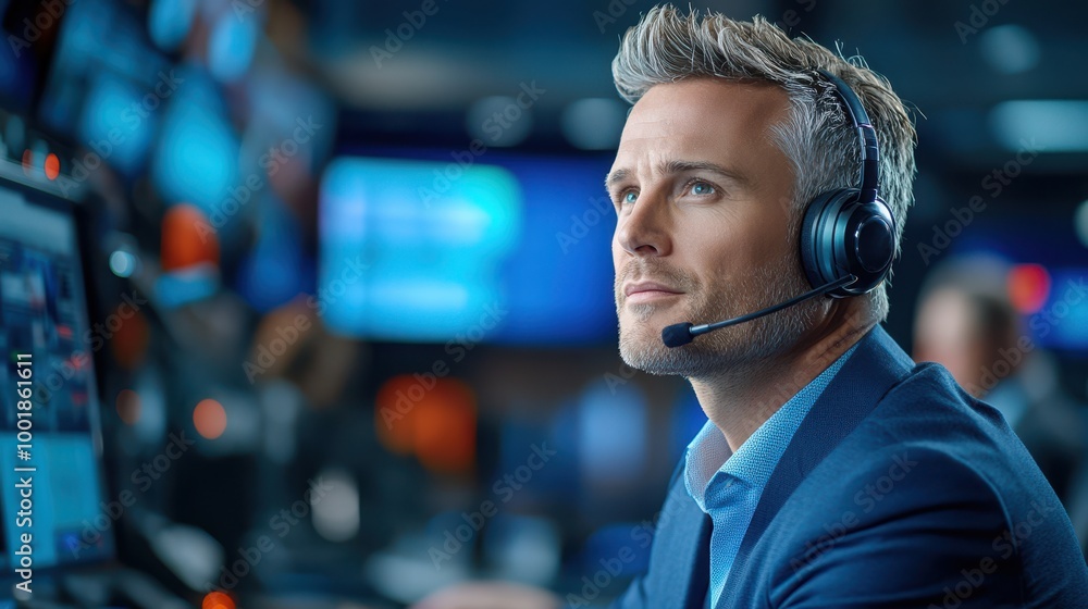 Businessman Wearing Headphones and Looking at a Computer Screen Businessman Wearing Headphones and Looking at a Computer Screen