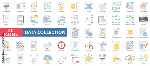 Data collection icon collection set. Containing gathering, acquisition, retrieval, sampling, points, set, primary icon. Simple flat color illustration.