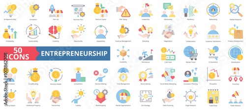 Entrepreneurship icon collection set. Containing innovation, start up, business plan, venture capital, risk taking, leadership, mentorship icon. Simple flat color illustration.