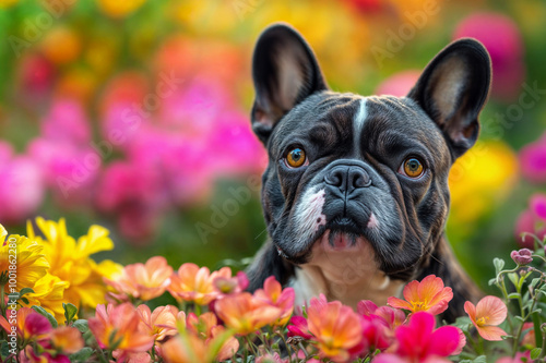 French Bulldog puppy in a flower garden, bright and colorful.