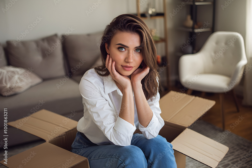 Attractive Young Woman Sitting Casually on Couch in Thoughtful Contemplation Attractive Young Woman Sitting Casually on Couch in Thoughtful Contemplation
