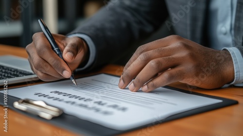 Job seeker filling out an application form at a desk with a laptop and pen  photo