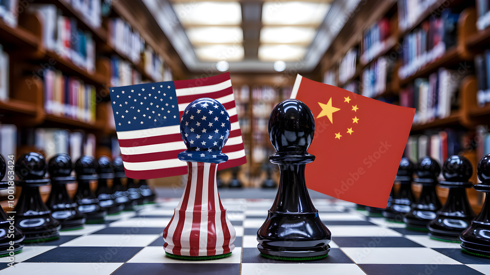 Naklejka premium Chess Match Between Black and White Pawns Representing Global Conflict and Diplomacy