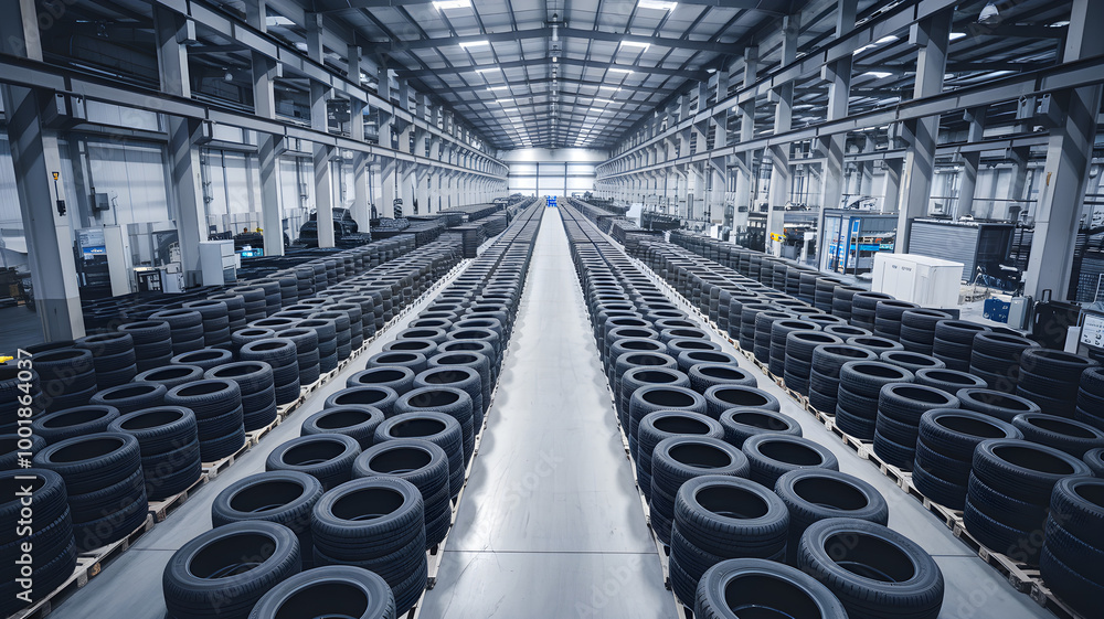 Fototapeta premium Expansive Industrial Warehouse Storing Tires in Organized Shelving System
