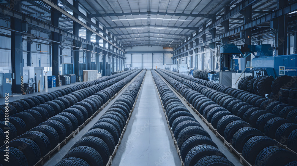 Fototapeta premium Expansive Warehouse Storing Abundant Automotive Tires in Organized Rows and Shelves