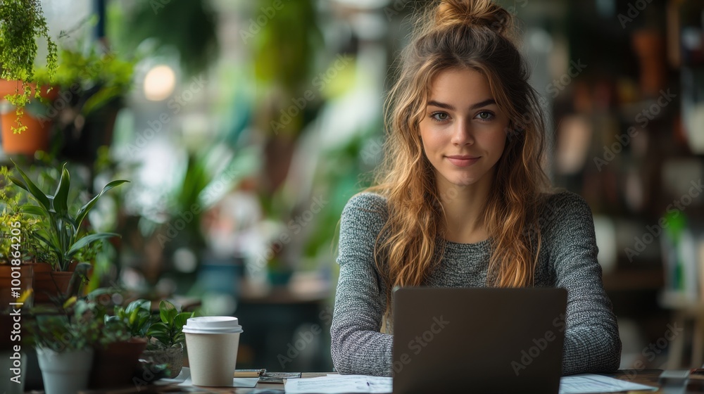 Professional woman working at a desk with a laptop, coffee cup, and documents Professional woman working at a desk with a laptop, coffee cup, and documents