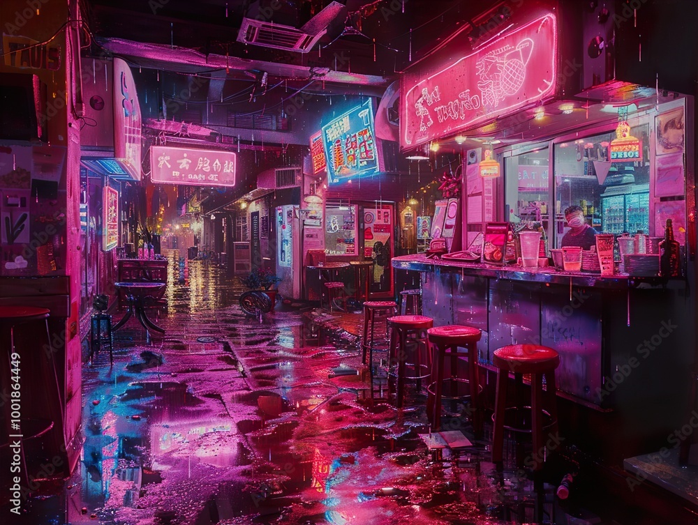 Neon Lights Reflect in Rain-Soaked Street Neon Lights Reflect in Rain-Soaked Street