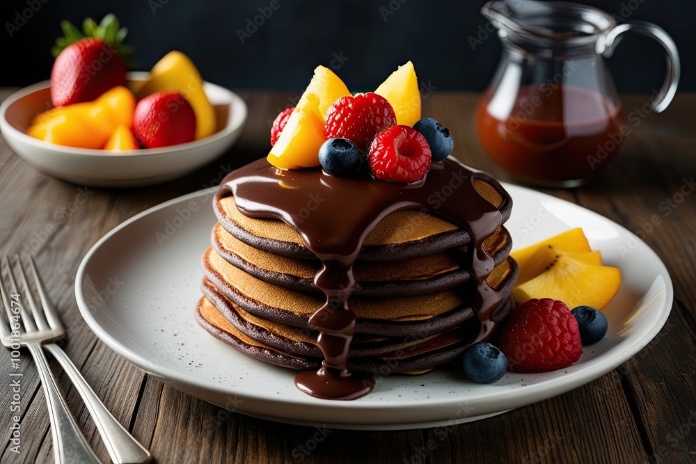 Golden Fluffy Pancakes with Luscious Chocolate Frosting and Seasonal Fruits for a Gourmet Breakfast Experience Golden Fluffy Pancakes with Luscious Chocolate Frosting and Seasonal Fruits for a Gourmet Breakfast Experience
