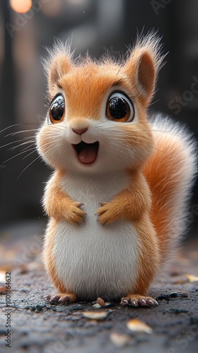 Cute Fluffy Anthropomorphic Squirrel with Surprised Expression in 3D Plush Style