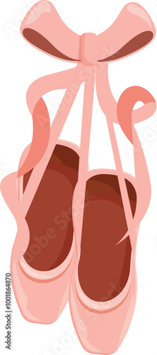 Pink ballet shoes hanging with ribbon tied around them, isolated on white background