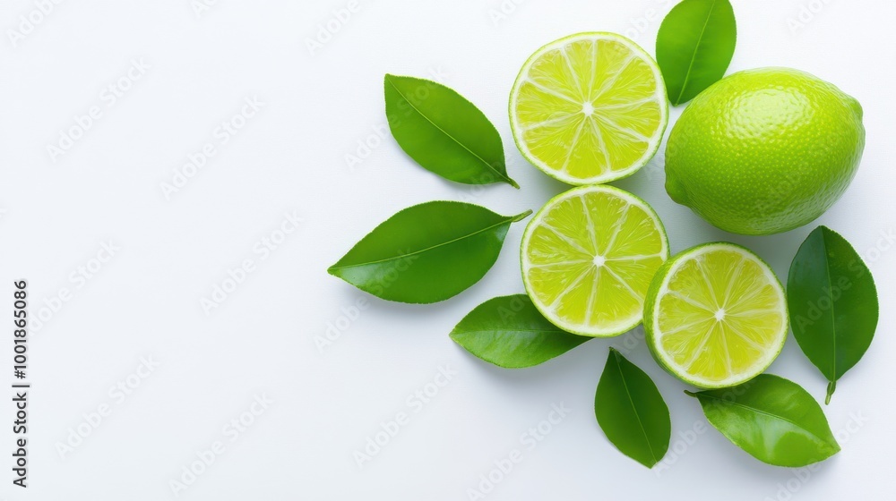 Fresh Limes with Green Leaves on White Background Fresh Limes with Green Leaves on White Background