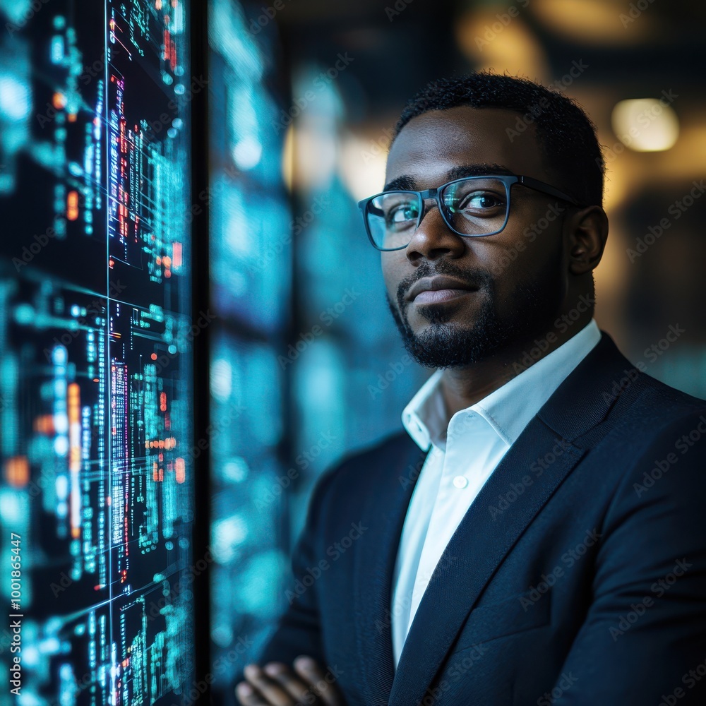 Businessman Standing In Front Of Server Racks