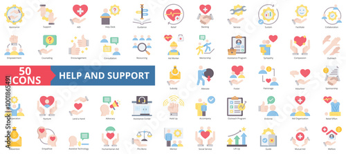 Help and support icon collection set. Containing assistance, service, aid, desk, guidance, relief, backing icon. Simple flat color illustration.