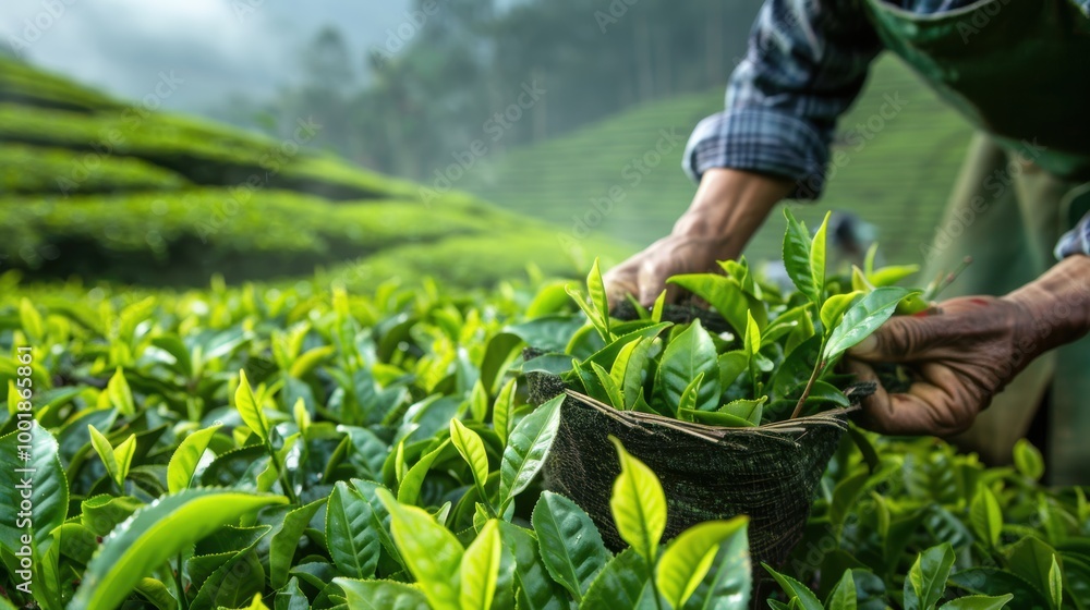 Close-Up of Vibrant Green Tea Leaves Being Harvested Close-Up of Vibrant Green Tea Leaves Being Harvested