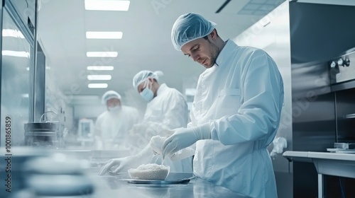 A group of workers in hygiene gear meticulously processes food items in a bright food processing facility, showcasing industrial cleanliness and attention to detail photo