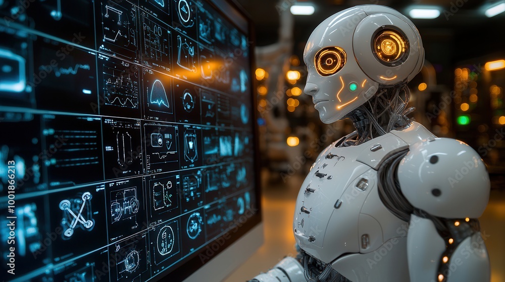 Futuristic Robot Analyzing Data on Digital Screen Futuristic Robot Analyzing Data on Digital Screen