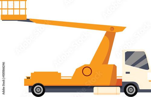 Yellow aerial work platform truck extending crane arm, side view