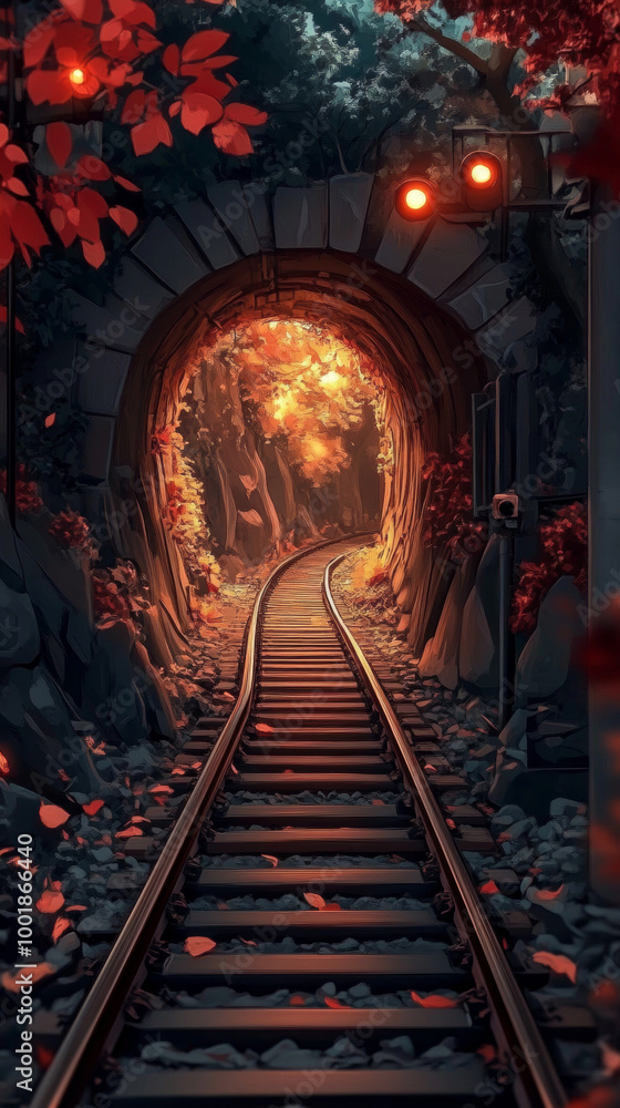 A train track leading into a tunnel with red leaves. A train track leading into a tunnel with red leaves.