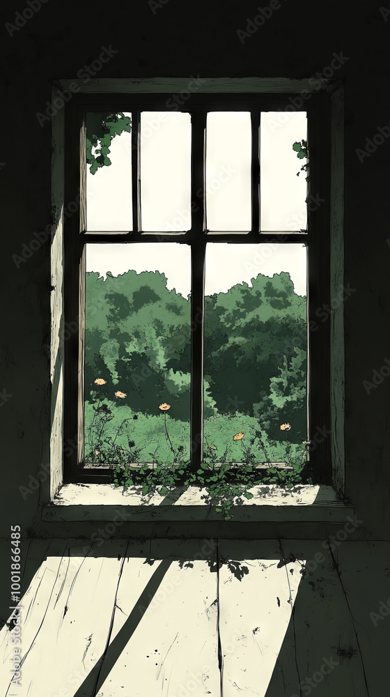 A window with a view of a forest. The light from the window casts a shadow on the wooden floor. A window with a view of a forest. The light from the window casts a shadow on the wooden floor.