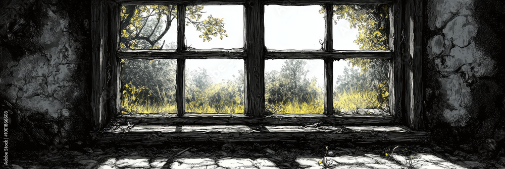 A window in an abandoned building looks out at a lush green field. A window in an abandoned building looks out at a lush green field.