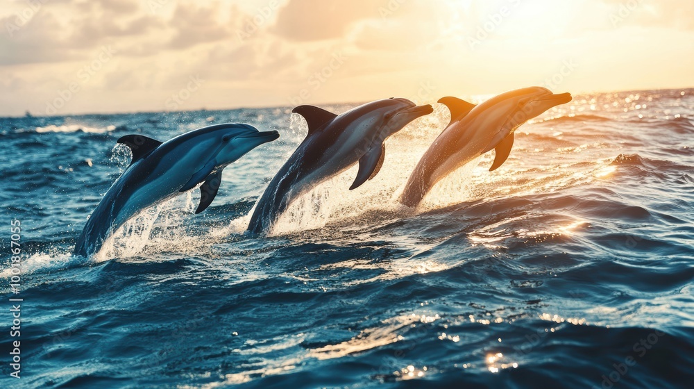 Fototapeta premium Dolphins Jumping Out of the Water at Sunset